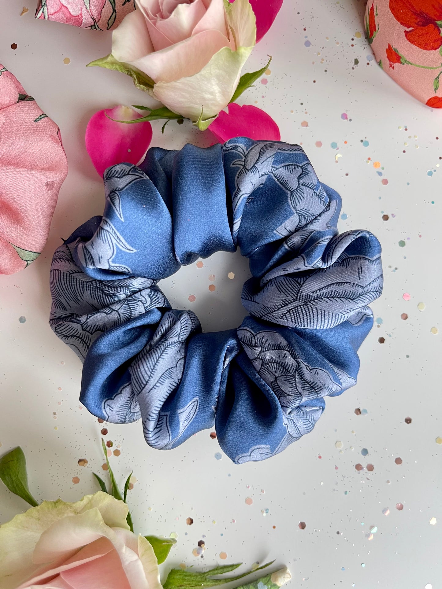 Elegant Silk Scarf Bow Scrunchies Gift Set- Liberty Shattered Story Belgravia Silk Satin